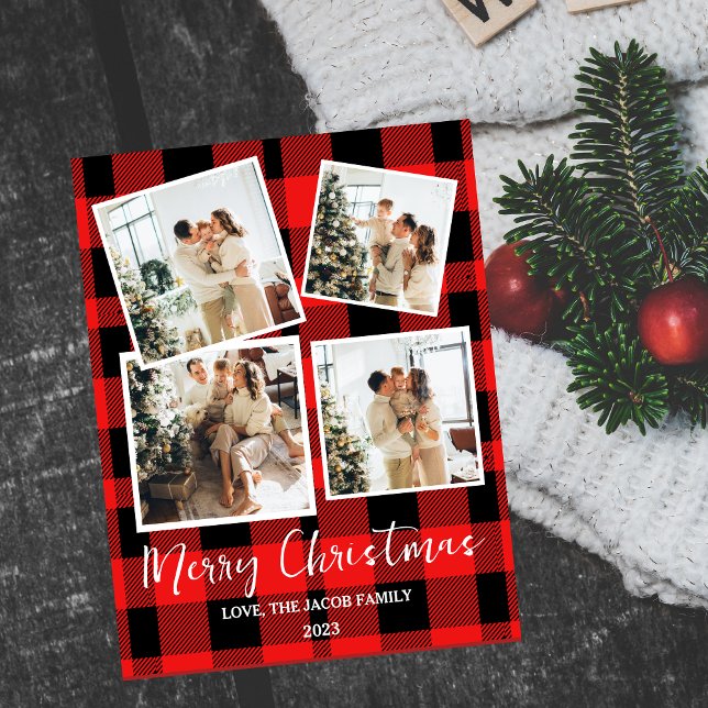 Elegant Red Buffalo Plaid Christmas Family 4 Photo Holiday Postcard (Creator Uploaded)