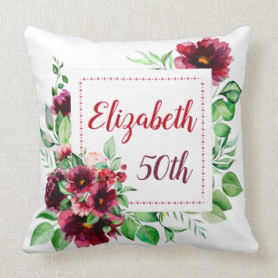 Elegant Red Burgundy Floral 50th Birthday Cushion