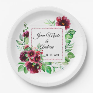 Elegant Red Burgundy Floral Wedding Paper Plate