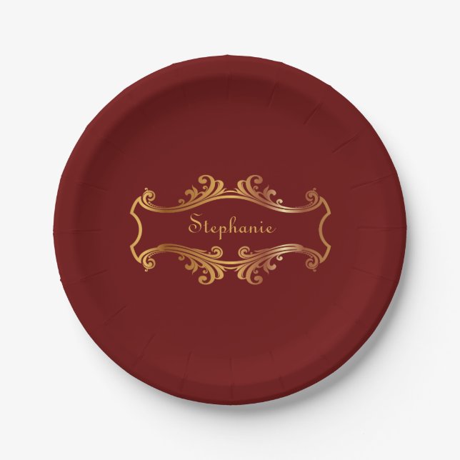 Elegant Red Burgundy Maroon Gold Personalised Chic Paper Plate (Front)