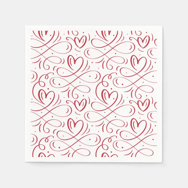 Elegant Red Calligraphy Hearts Wedding Napkins (Front)
