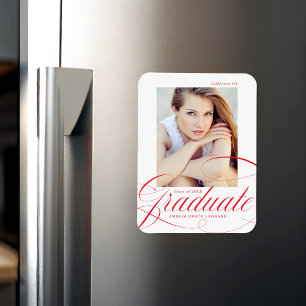 Elegant Red Calligraphy Script Photo Graduation Magnet