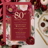 Elegant Red Camellia Floral 80th Birthday Gold