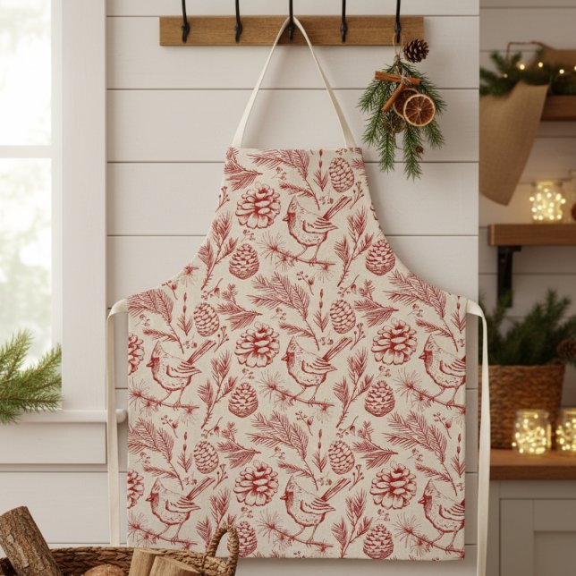 Elegant Red Cardinal Bird, Pine and Winter Berries Apron (Festive Elegant Winter Red Cardinal Bird and Pinecone Pattern for Christmas for Nature or Bird Lover)