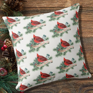 Elegant Red Cardinal Botanical Christmas  Cushion