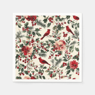 Elegant Red Cardinal Winter Botanical Cream Napkin