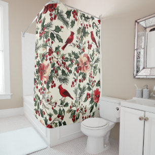 Elegant Red Cardinal Winter Botanical Cream Shower Curtain