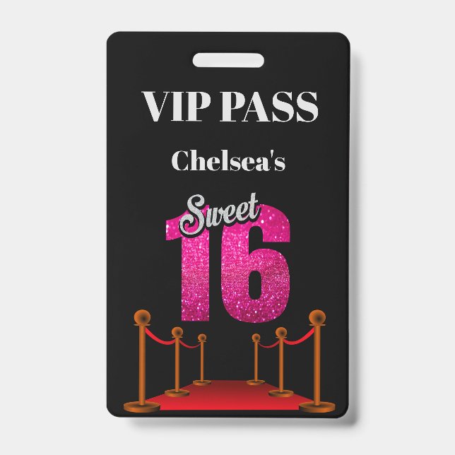 Elegant Red Carpet Hollywood Theme Sweet 16 VIP ID Badge (Front)