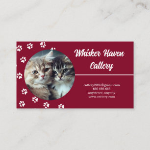 Elegant Red Cattery Business Card Custom Photo
