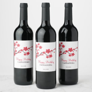 Elegant Red Cherry Blossom Sakura Floral Birthday Wine Label