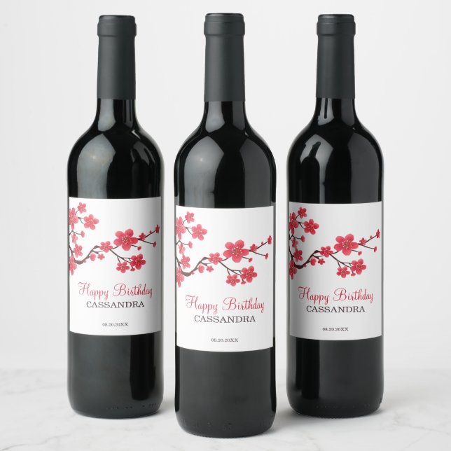 Elegant Red Cherry Blossom Sakura Floral Birthday Wine Label (Bottles)