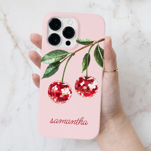 Elegant Red Cherry Personalised Script Name Pink Case-Mate iPhone 14 Pro Max Case
