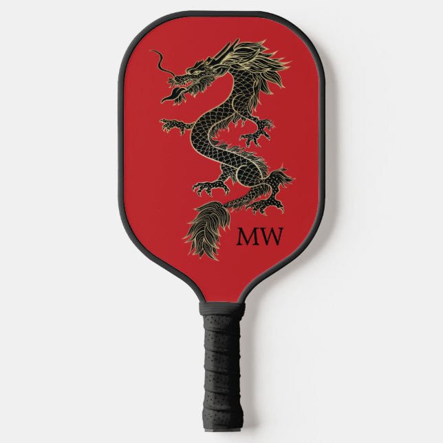 Elegant Red Chinese Gold Dragon Monogram  Pickleball Paddle (Front)