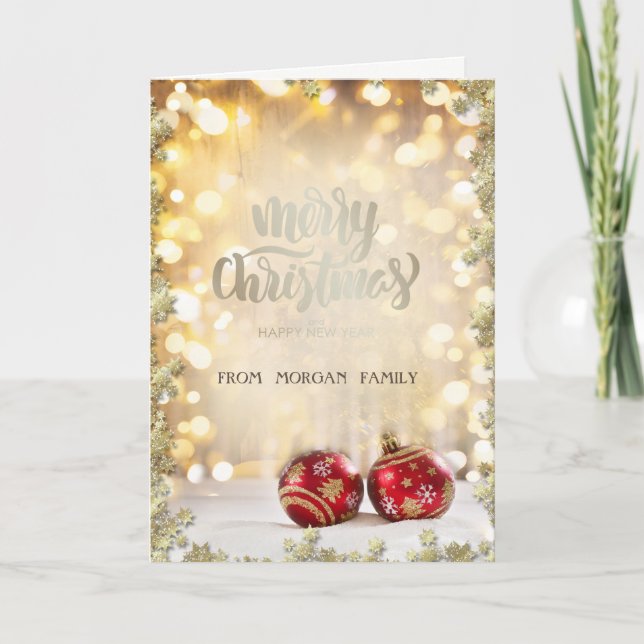 Elegant Red Christmas Balls,Stars Bokeh  Holiday Card (Front)