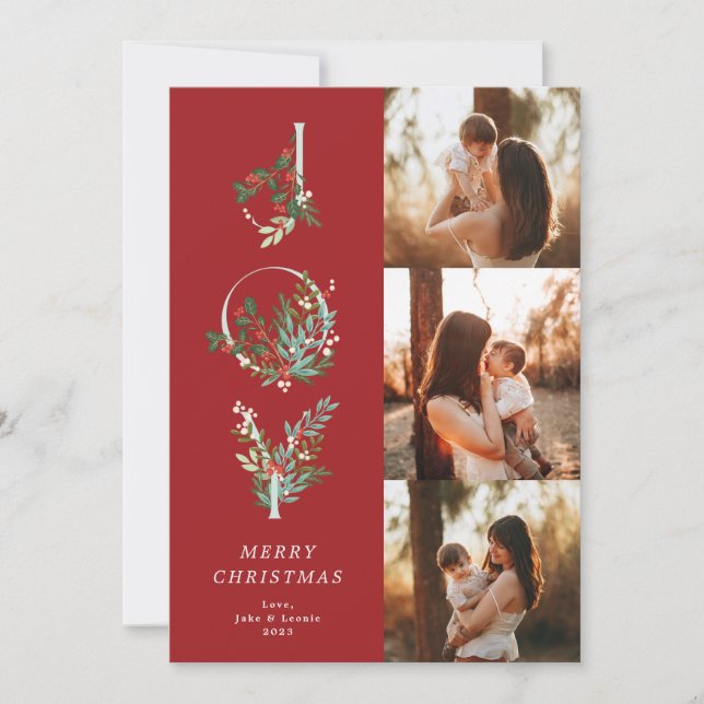 Elegant Red Christmas Botanical JOY 3 Photo Holiday Card (Front)