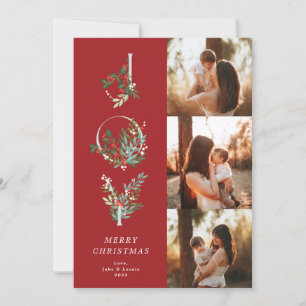 Elegant Red Christmas Botanical JOY 3 Photo Holiday Card