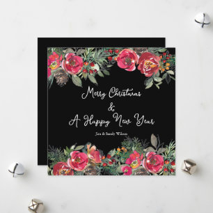 Elegant Red Christmas Flowers Black Background Holiday Card