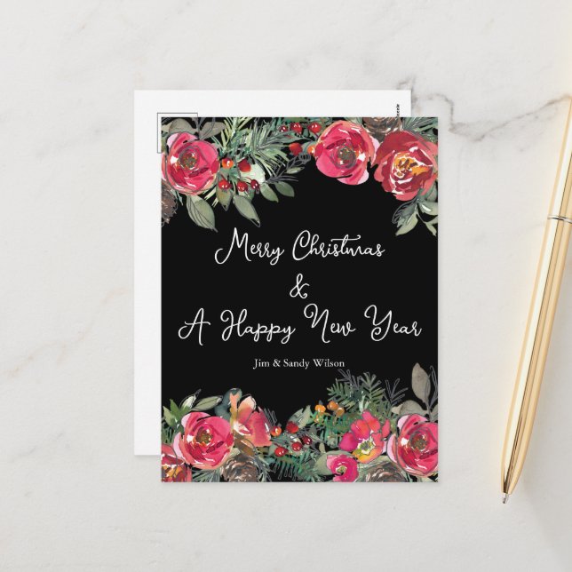 Elegant Red Christmas Flowers Black Background  Holiday Postcard (Front/Back In Situ)