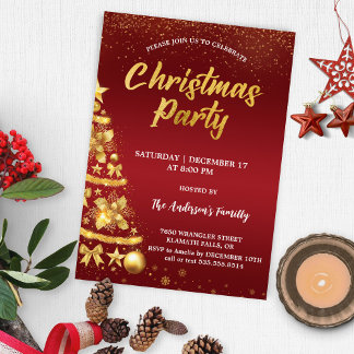 Elegant Red Christmas Glitter Tree Gold Party Invitation
