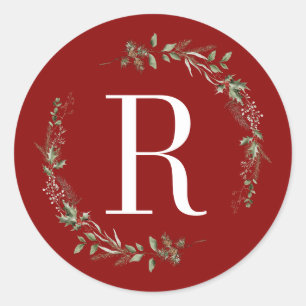 Elegant Red Christmas Greenery Monogram Wreath Classic Round Sticker