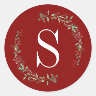 Elegant Red Christmas Greenery Monogram Wreath Classic Round Sticker