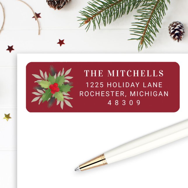 Elegant Red Christmas Greenery Return Address (Creator Uploaded)