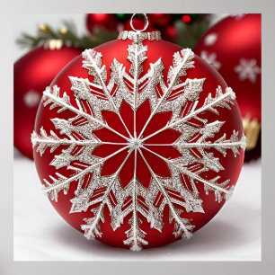 Elegant Red Christmas Ornament with Snowflake Poster