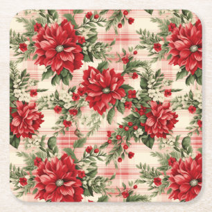 Elegant Red Christmas Poinsettia Square Paper Coaster