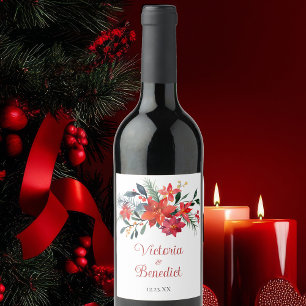 Elegant Red Christmas Poinsettia Wedding Custom Wine Label