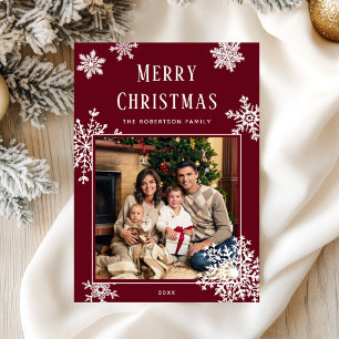 Elegant Red Christmas Snowflakes Photo Holiday Card