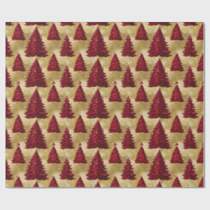 Elegant Red Christmas tree Gold  merry Xmas Patter Wrapping Paper