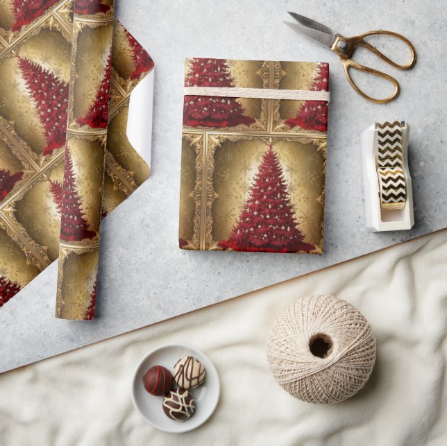Elegant Red Christmas tree Gold merry Xmas Pattern Wrapping Paper (Crafts)