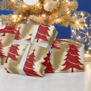 Elegant Red Christmas tree Gold merry Xmas Pattern Wrapping Paper