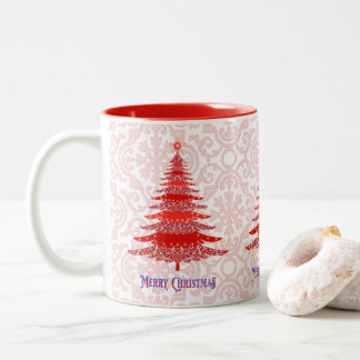 Elegant Red Christmas Tree Snowflakes Two-Tone Coffee Mug