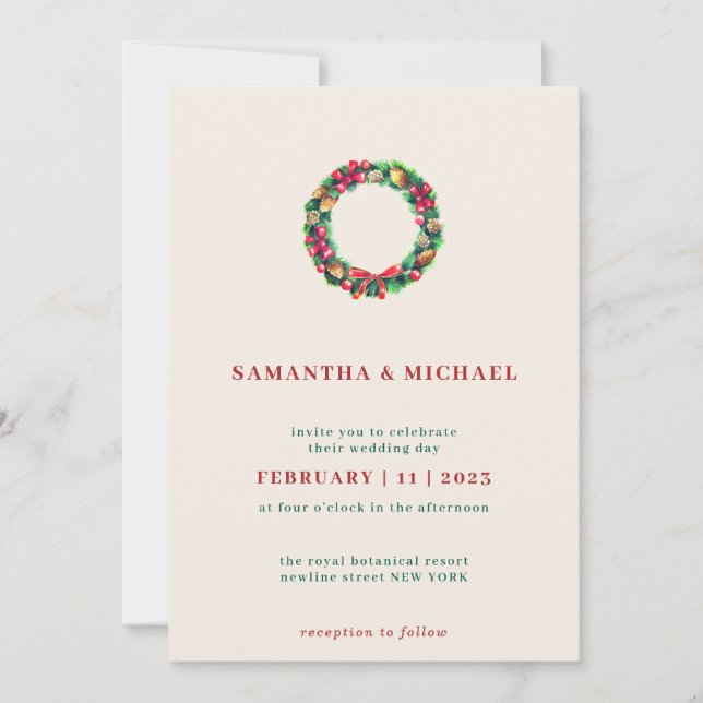 Elegant Red Christmas Wreath Invitation (Front)