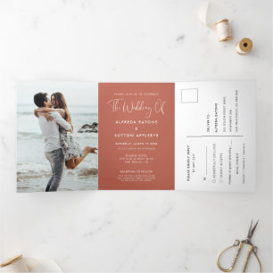 Elegant Red Clay all-in-one wedding photo Tri-Fold Invitation