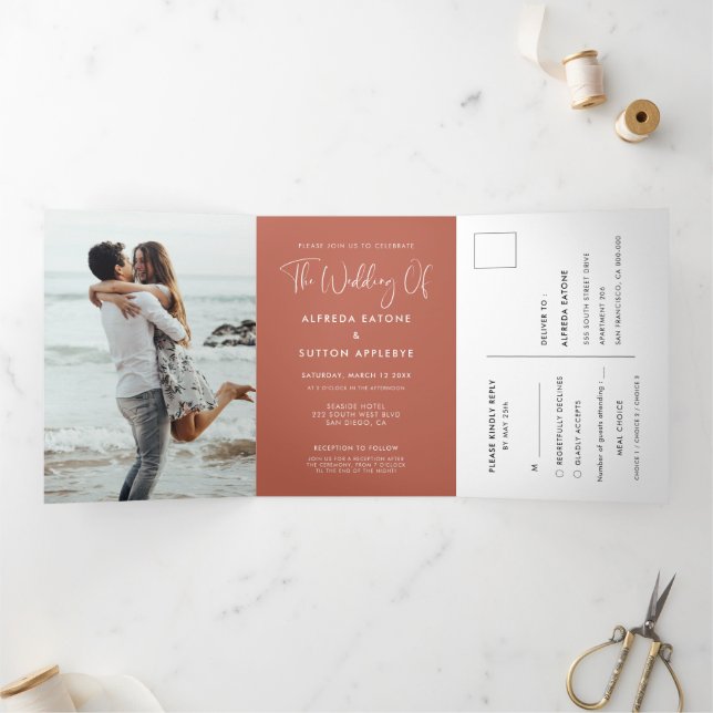 Elegant Red Clay all-in-one wedding photo Tri-Fold Invitation (Inside)