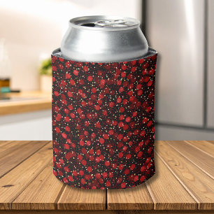 Elegant Red Confetti on Black Glitter Style Can Cooler