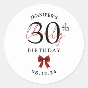 Elegant Red Coquette Bow 30th Birthday Party  Classic Round Sticker