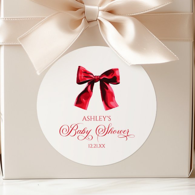 Elegant Red Coquette Bow Baby Shower Classic Round Sticker (Creator Uploaded)