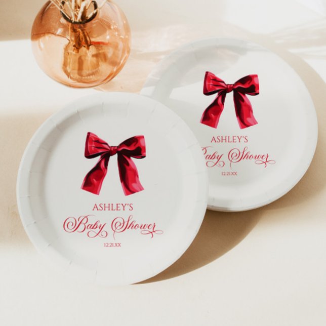 Elegant Red Coquette Bow Baby Shower Paper Plate (Creator Uploaded)