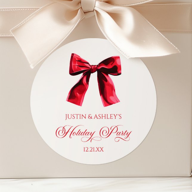 Elegant Red Coquette Bow Holiday Party Classic Round Sticker (Creator Uploaded)
