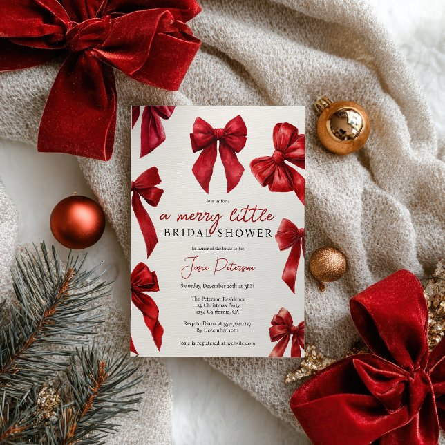 Elegant Red Coquette Bows Christmas Winter Bridal Invitation (Elegant Red Coquette Bows Christmas Winter Bridal Invitation)