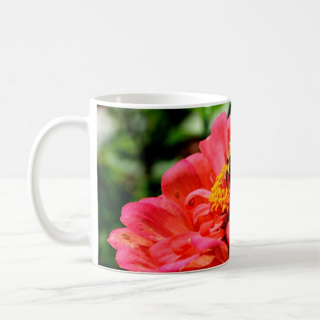Elegant red coral floral cute bumble bee coffee mug (Left)