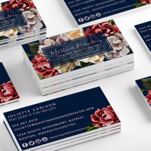 Elegant Red Cream Flowers on Navy Blue  Business Card