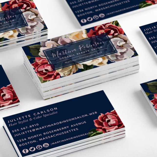 Elegant Red Cream Flowers on Navy Blue  Business Card (Creator Uploaded)