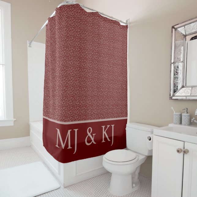 ELEGANT RED CREAM MONOGRAM INITIALS LEAF PATTERN  SHOWER CURTAIN (In Situ)