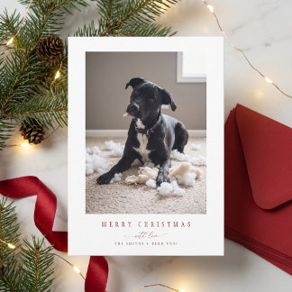 Elegant Red Cute Funny Dog Photo Christmas Card