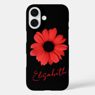 Elegant Red Daisy / Flower and Name on black iPhone 16 Case