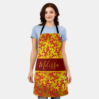 Elegant Red Damask and Gold Texture  Apron